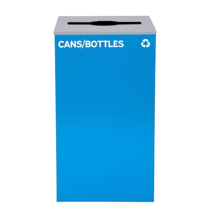 Square Recycling Bin, 29 Gallons, Blue Can, Mixed Opening Lid, For Cans/Bottles